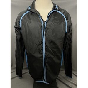 DC Windbreaker Hooded Jacket Mens Size Large Black Blue Full Zip Lightweight